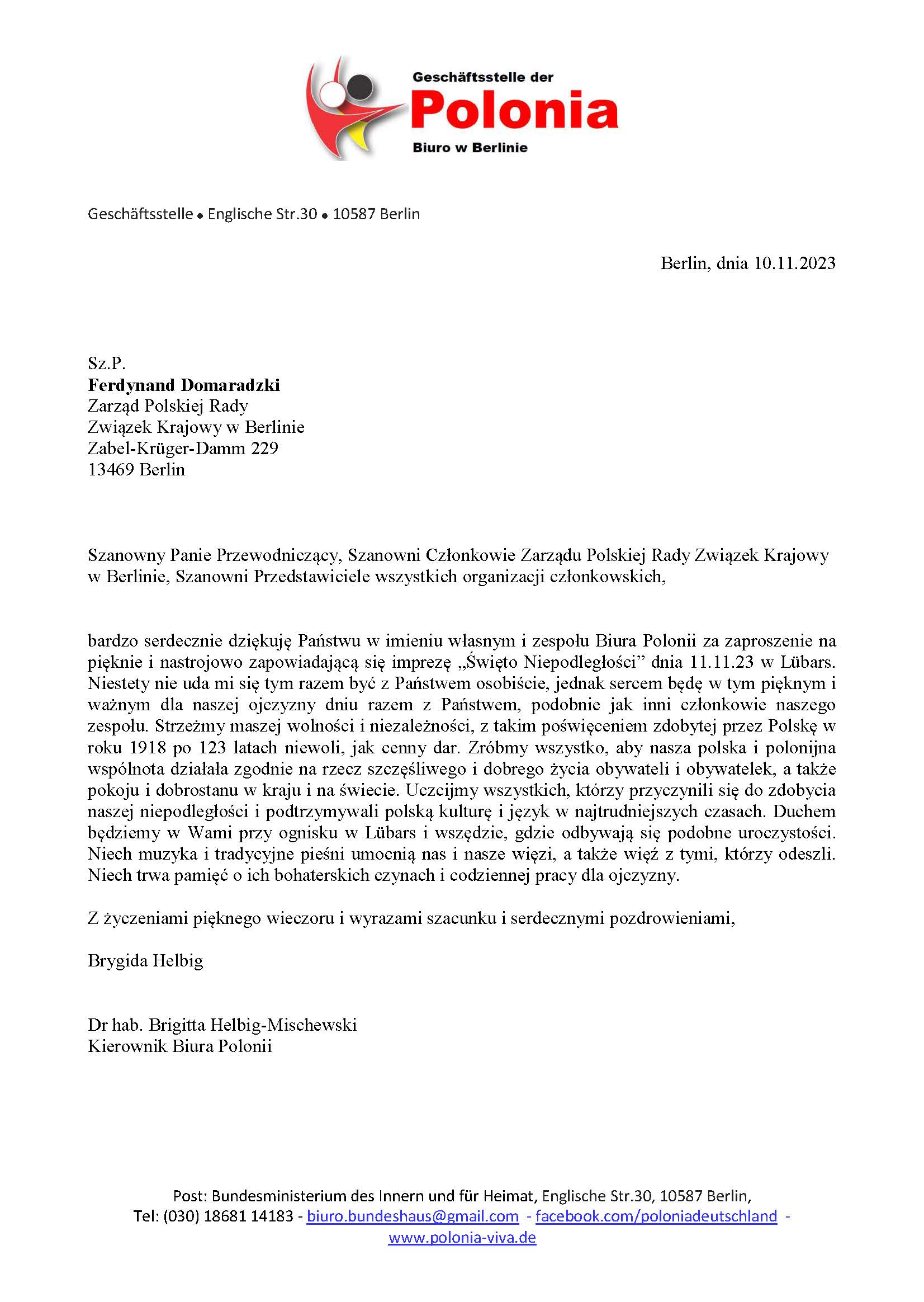 Brief an Ferdynand Domaradzki Swieto Niepodleglosci 2023